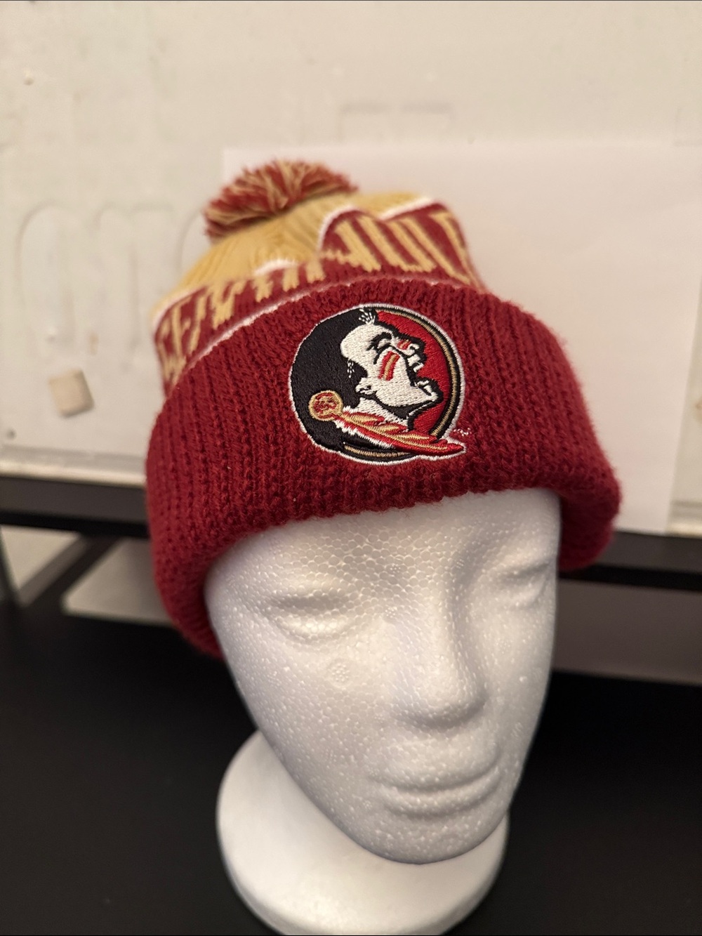 Maroon and Gold Pom Cuffed Knit Beanie with Team Patch